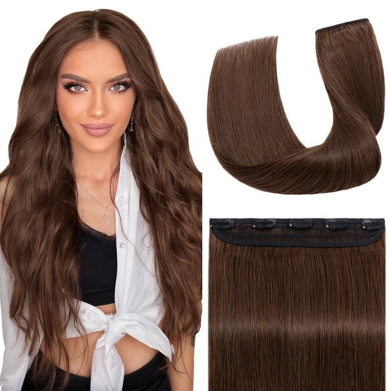 S-noilite Clip in Human Hair Extensions One Piece 5 Clips 3/4 Full Head Clip on Remy Hair Extension For Women Lighter One-Piece Design 18Inch 50g Medium Brown - Image 1